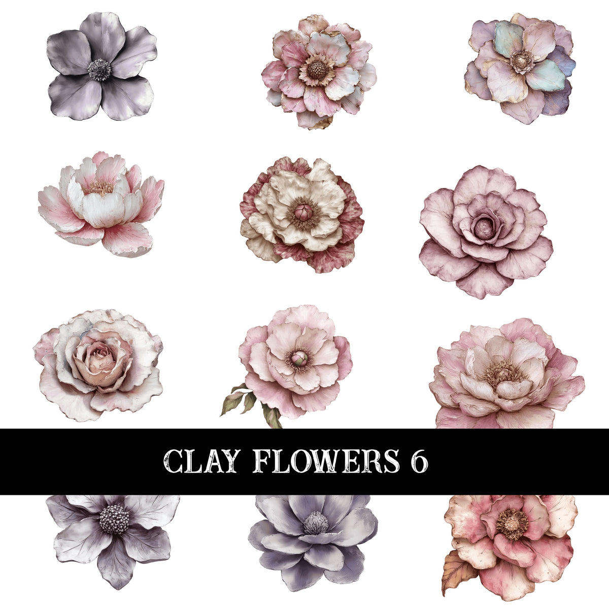 Clay Flowers UV DTF Decal Sheets 6 Designs