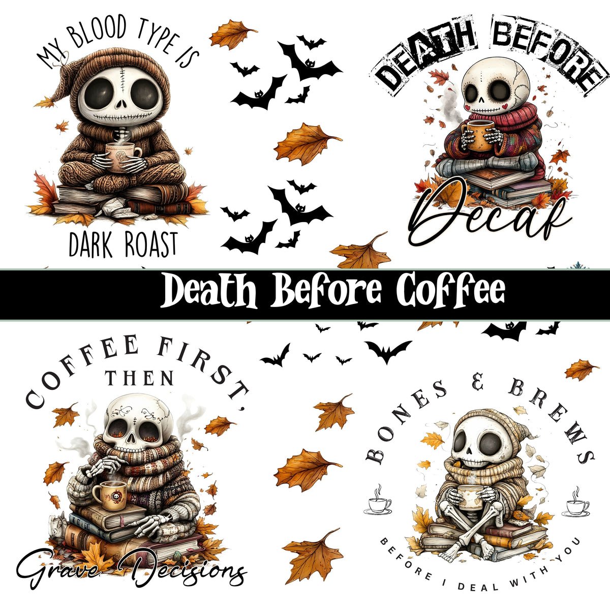 Death Before Coffee UV DTF Decal Sheets