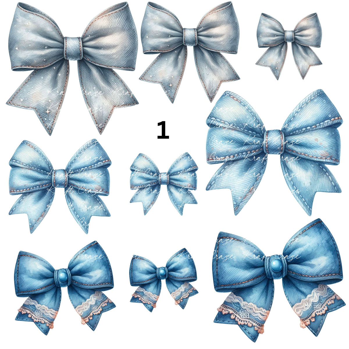 Denim Coquette Bows UV DTF Decal accent Sheet 10x10 sheet 3 designs