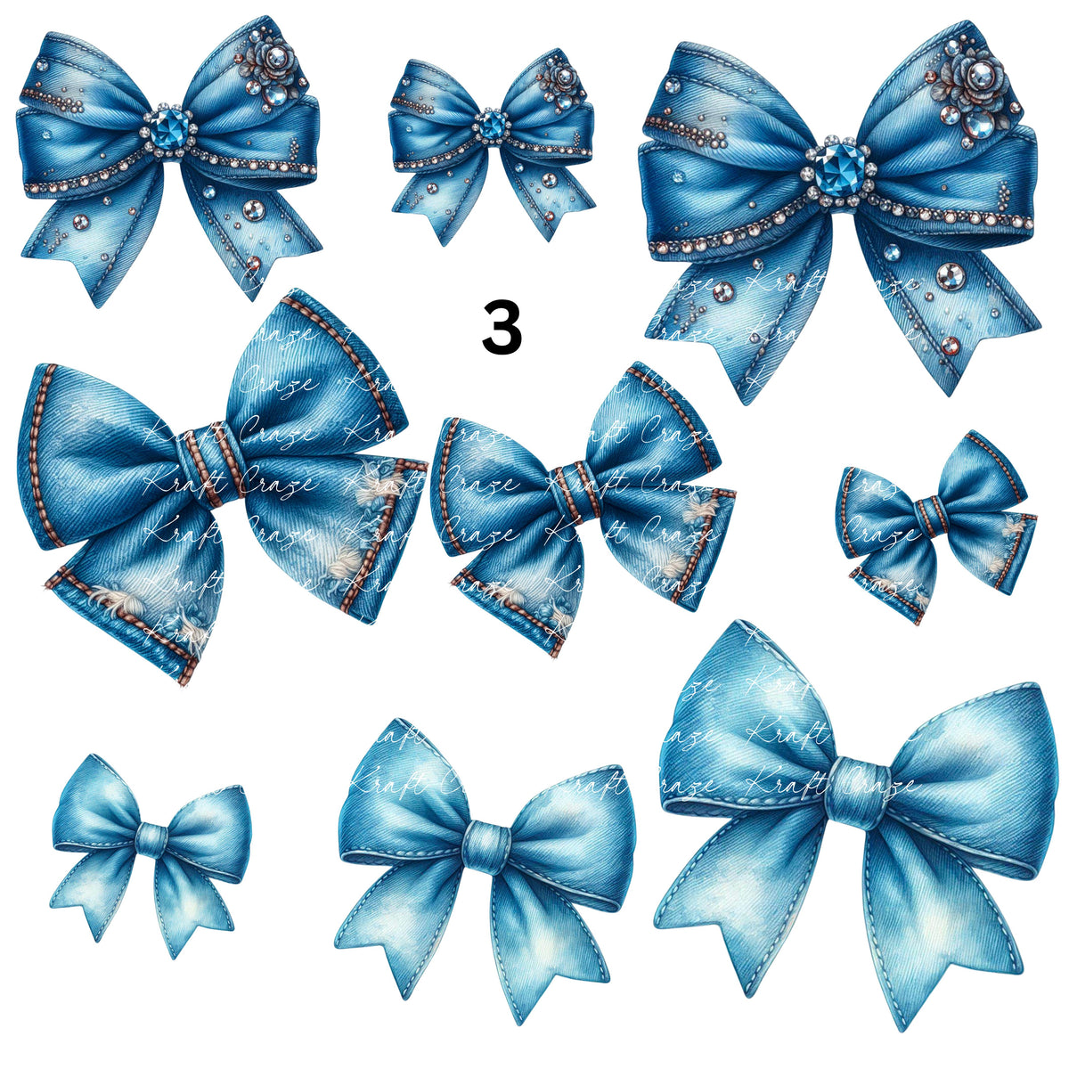 Denim Coquette Bows UV DTF Decal accent Sheet 10x10 sheet 3 designs