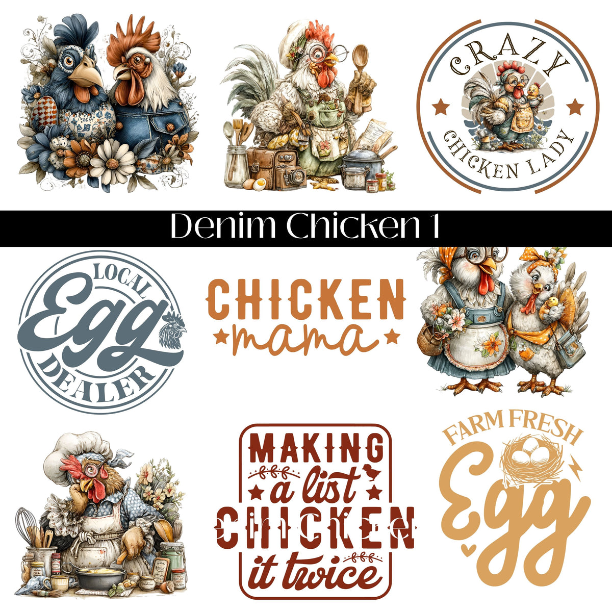 Denim Chicken Collection UV DTF Decal Sheets-2 Designs