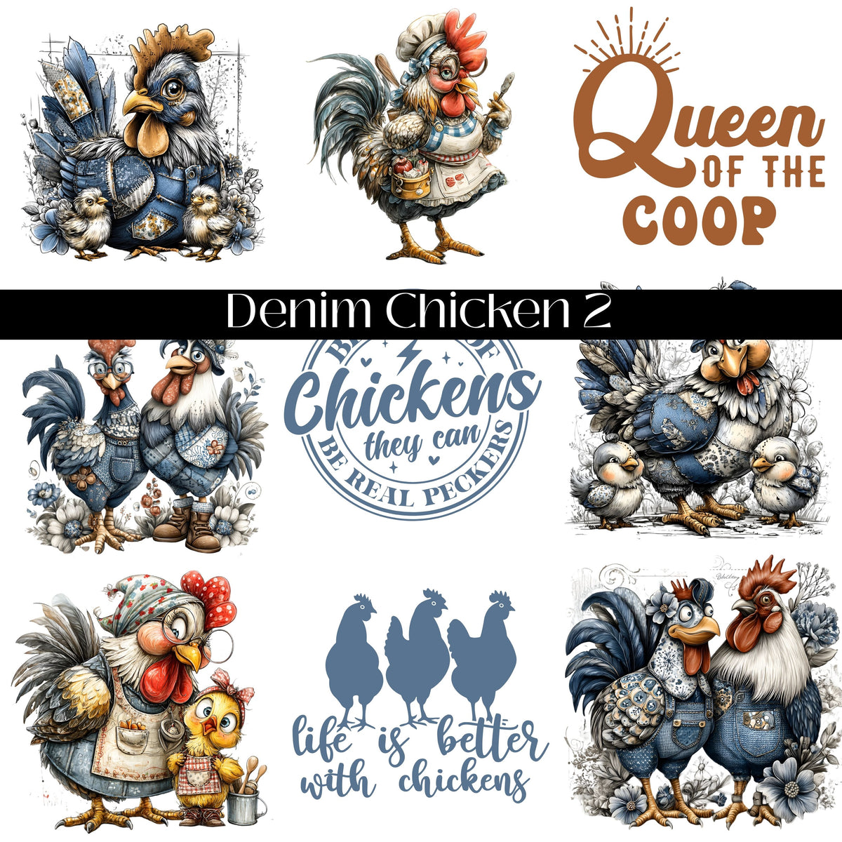 Denim Chicken Collection UV DTF Decal Sheets-2 Designs