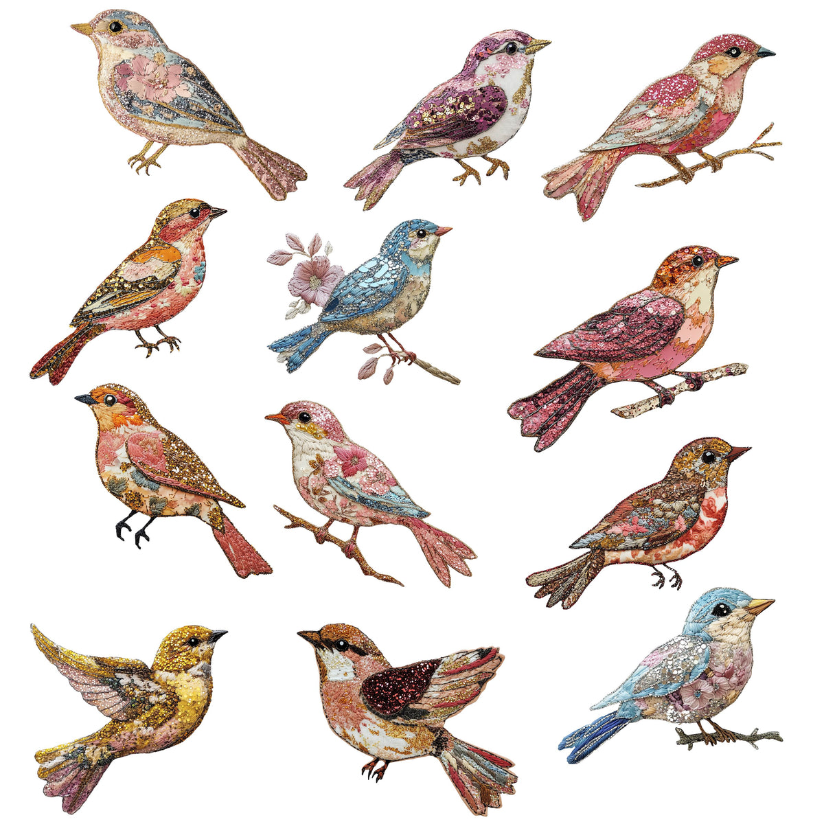 Embroidered birds UV DTF Decal sheet