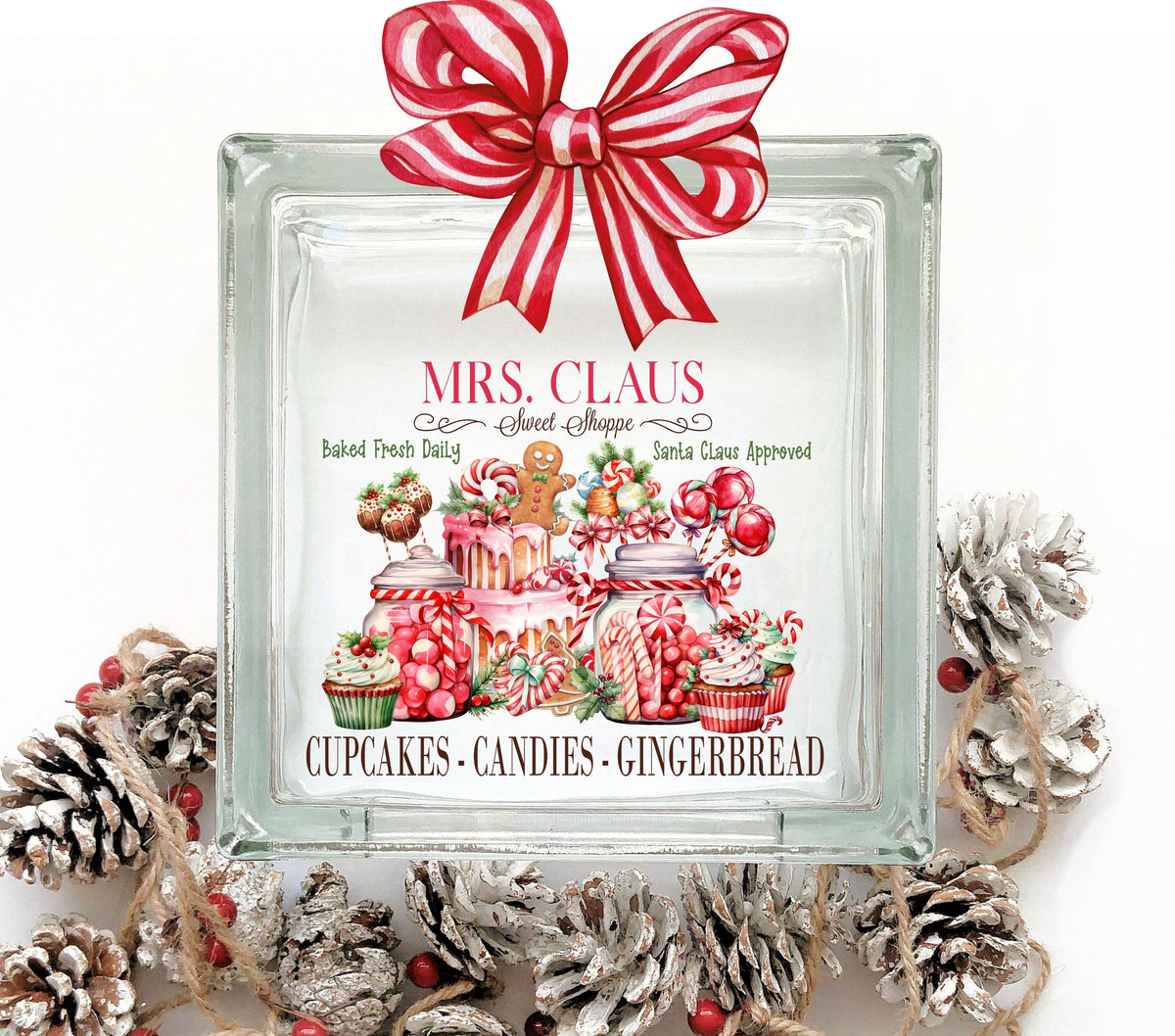 Mrs. Claus Sweet Shoppe Glass Block Decal 2 sizes available