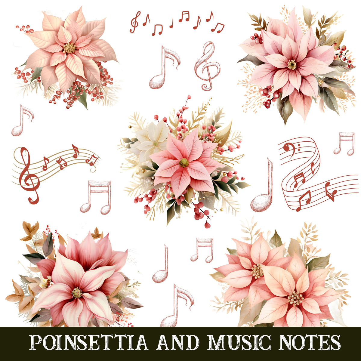 Poinsettia and music notes UV DTF Decal Sheets 2 color options