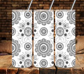 Whimsical Mandala Black UV DTF tumbler wraps 20oz skinny