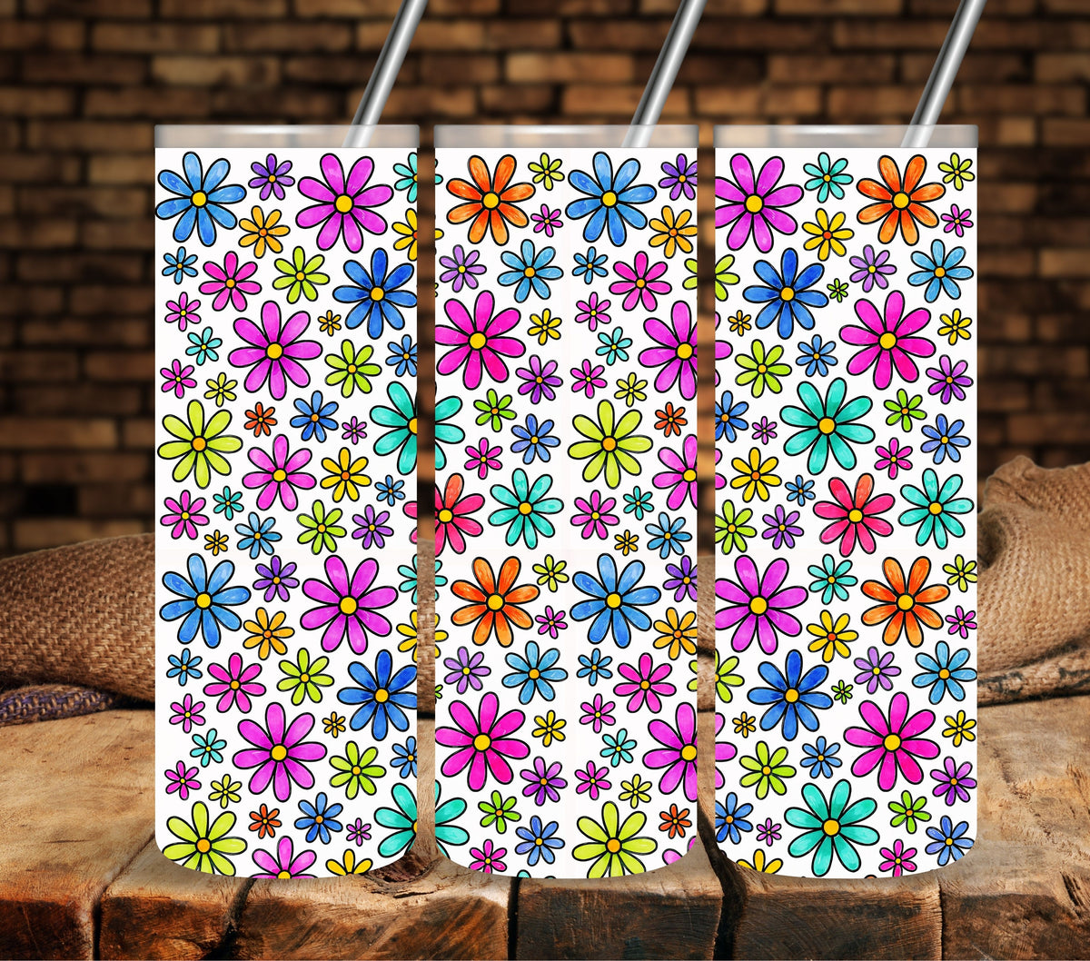 Doodle Daisies UV DTF tumbler wraps 20oz skinny