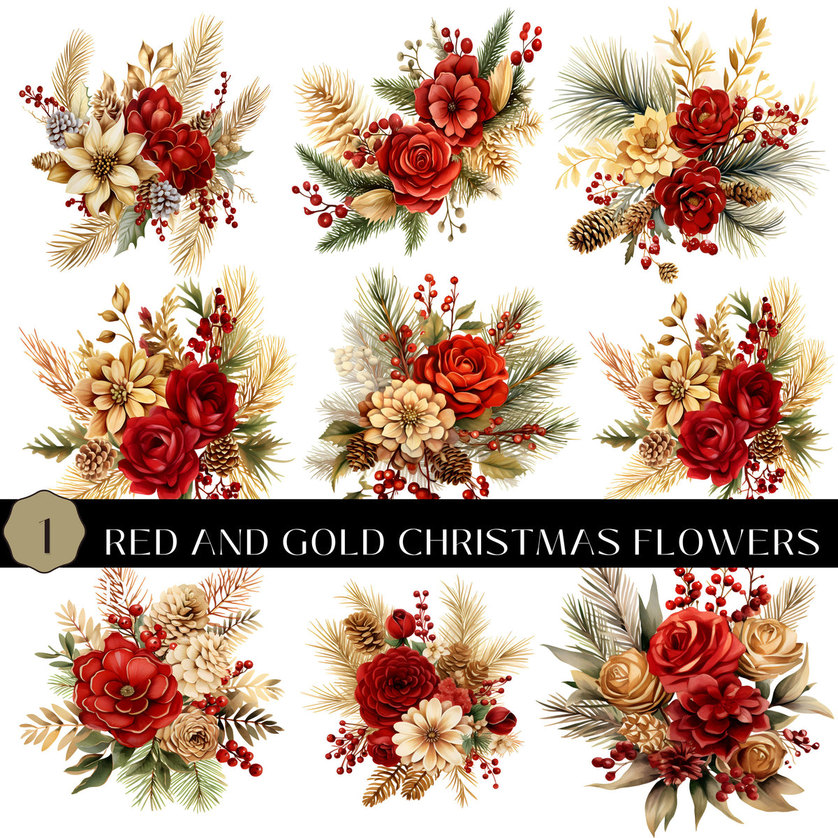 Red and Gold Christmas Flowers UV DTF Decal Sheet