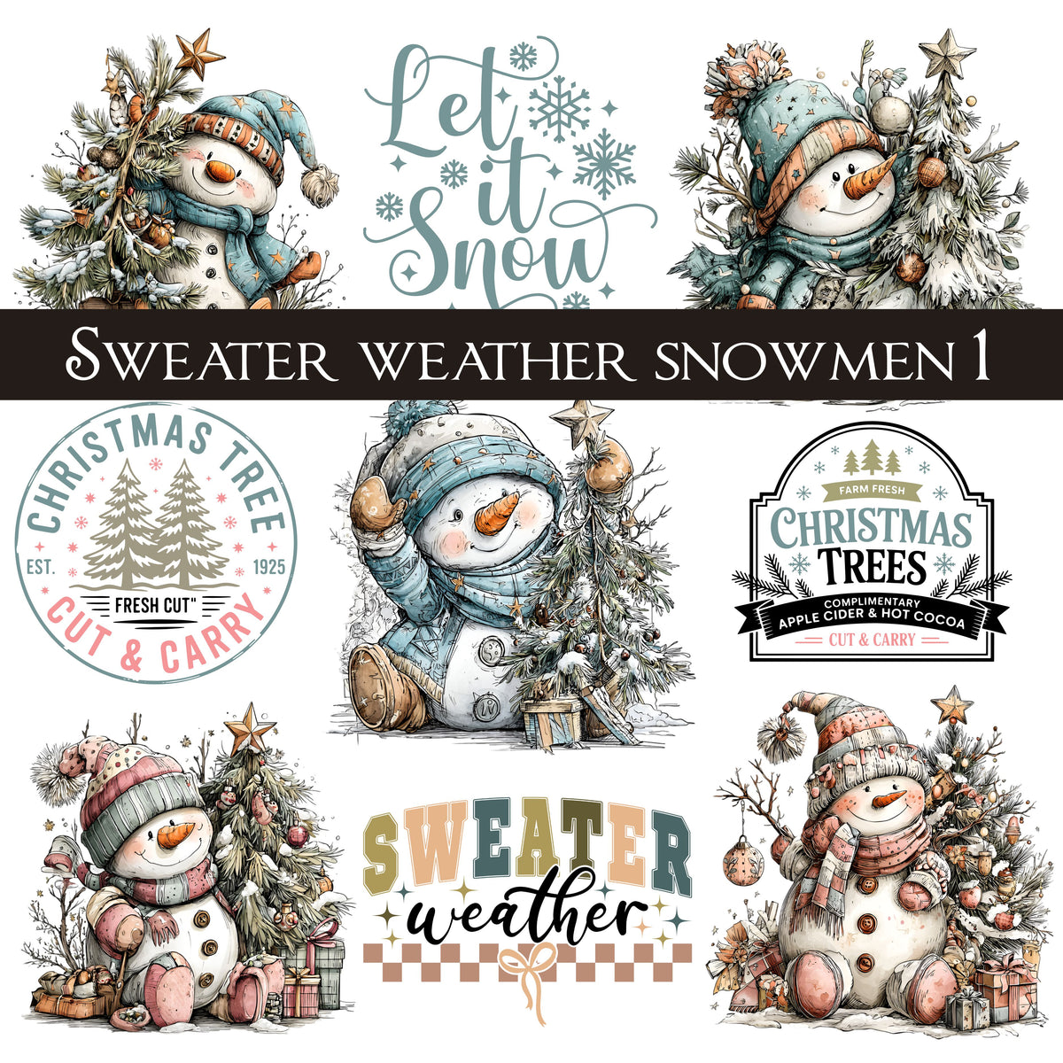 Sweater weather snowmen UV DTF Decal Sheets 5 design options