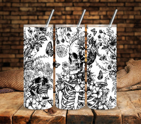 Skull and Flowers Black UV DTF tumbler wraps