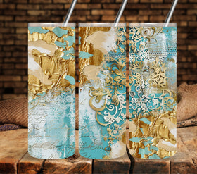 Teal and gold vintage script vinyl tumbler wraps