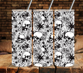 Floral Skulls wrap Black UV DTF tumbler wraps