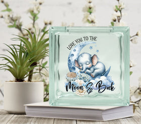 Love you to the Moon and Back Blue Elephant Glass Block Decal