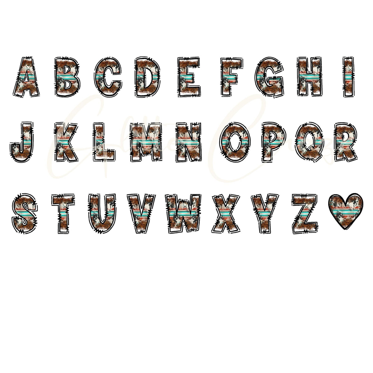 Serape Cowhide Doodle Font Download- Upper and Lowers case with special characters and numbers