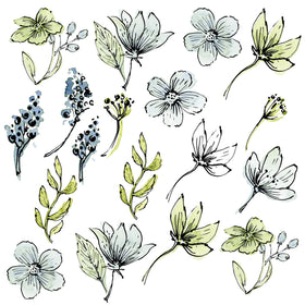 Watercolor blue flowers with outline UV DTF Decal sheet