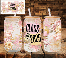 Class of 2025 Pink and Gold floral UV DTF Libbey wrap
