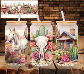 Bull skull and horses UV DTF Libbey wrap