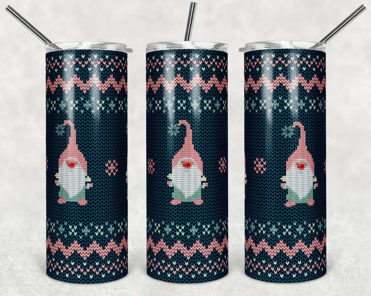 Knitted Christmas Sweater Teal and Pink Gnomes 20 oz Skinny Adhesive Vinyl Wrap