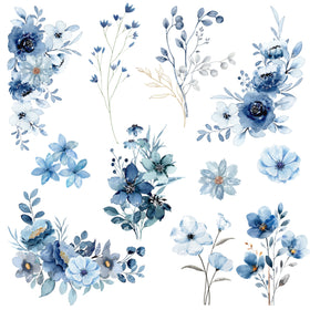 Watercolor blue floral Decal Sheet UV DTF Decal accent Sheet 10x10