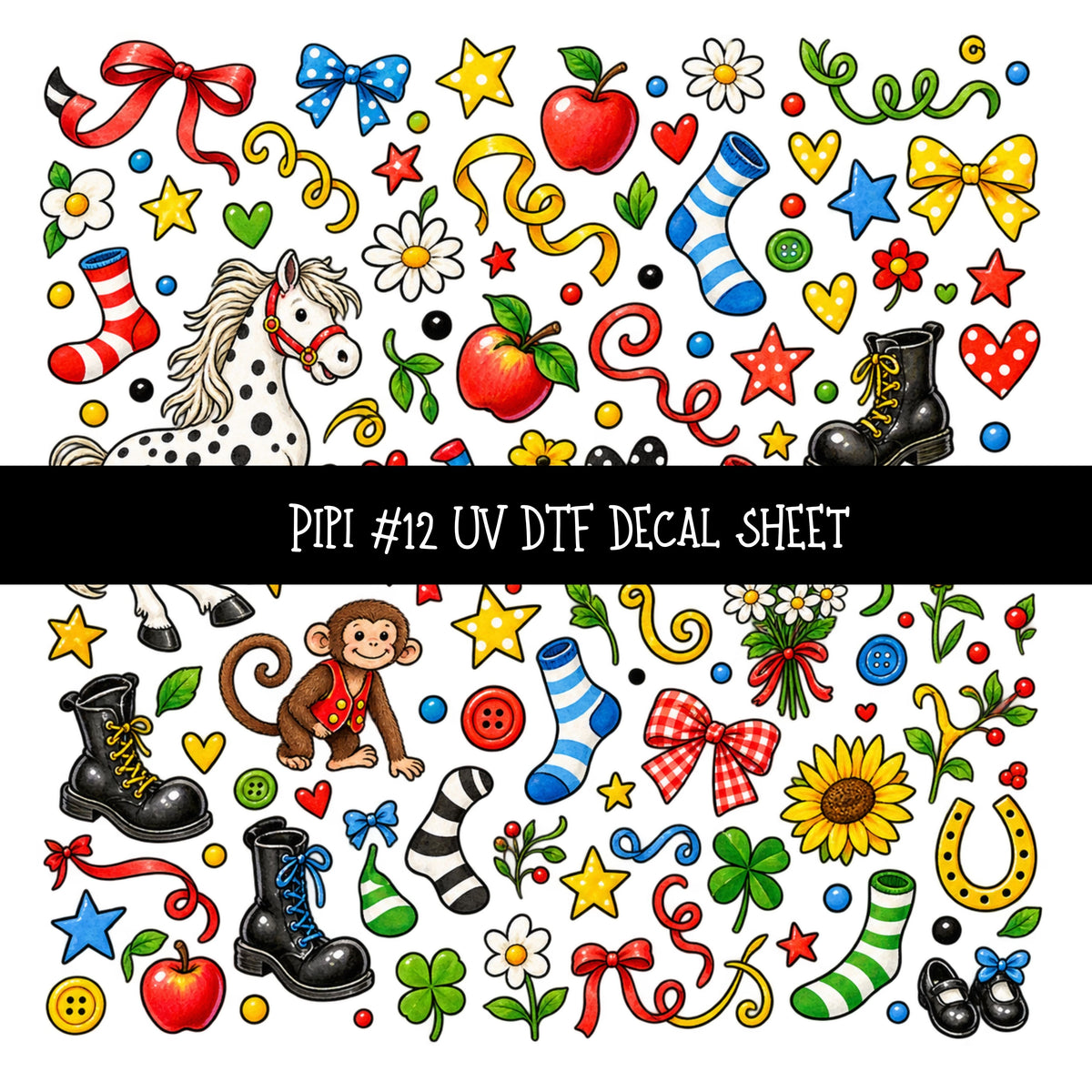 Pippi UV DTF Decal sheets 12 Designs available