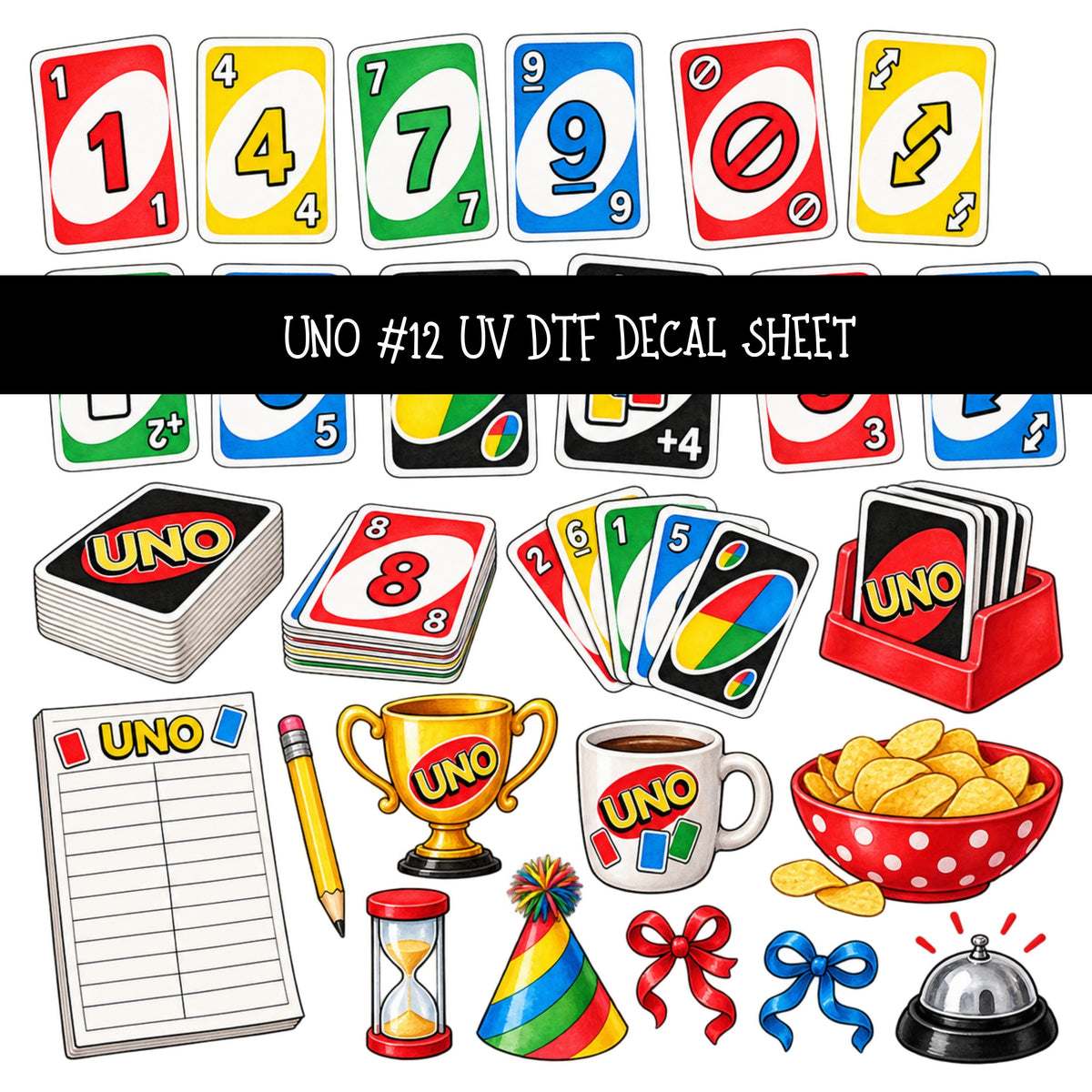 Uno UV DTF Decal sheets 12 Designs available