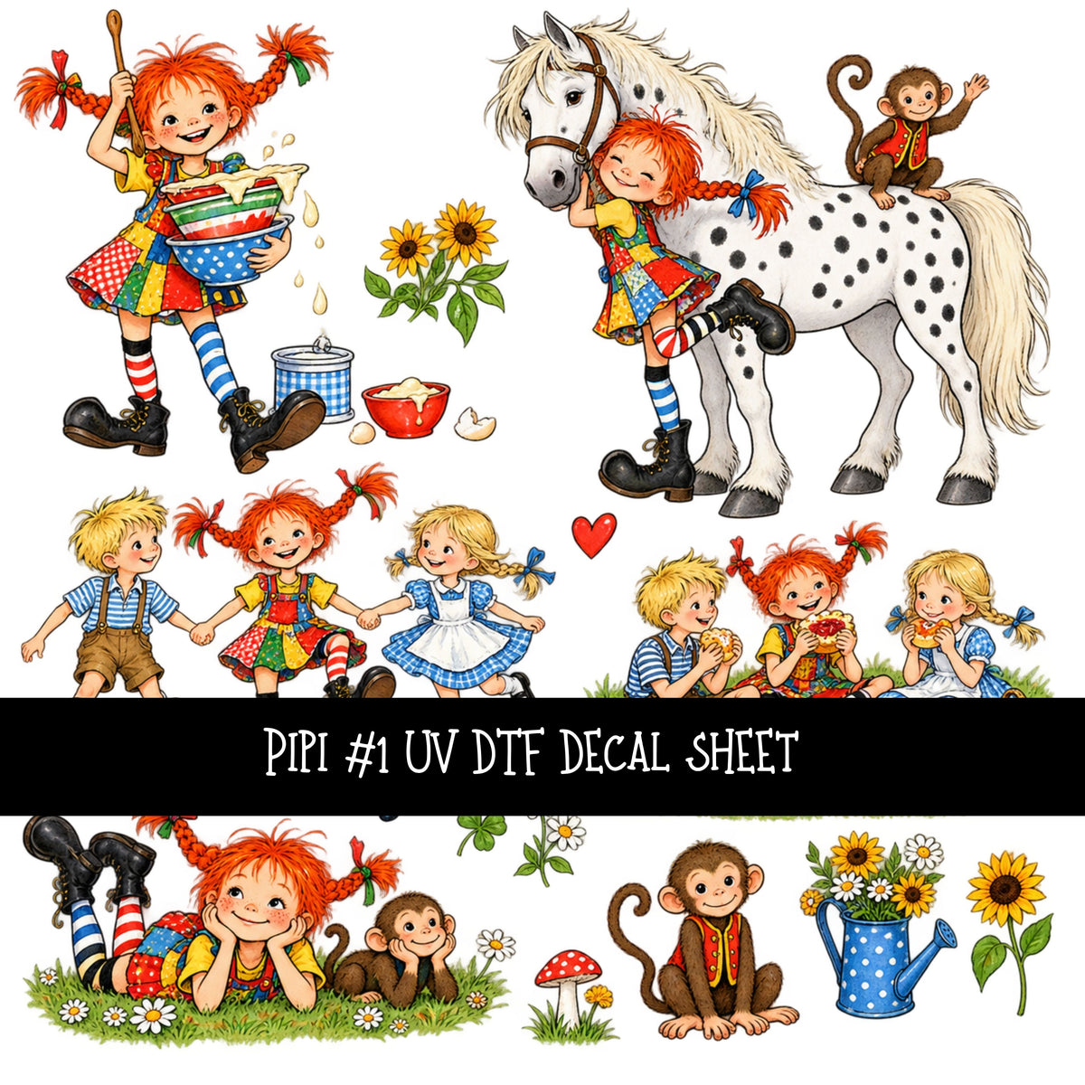 Pippi UV DTF Decal sheets 12 Designs available