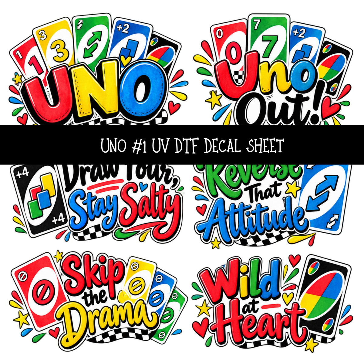 Uno UV DTF Decal sheets 12 Designs available