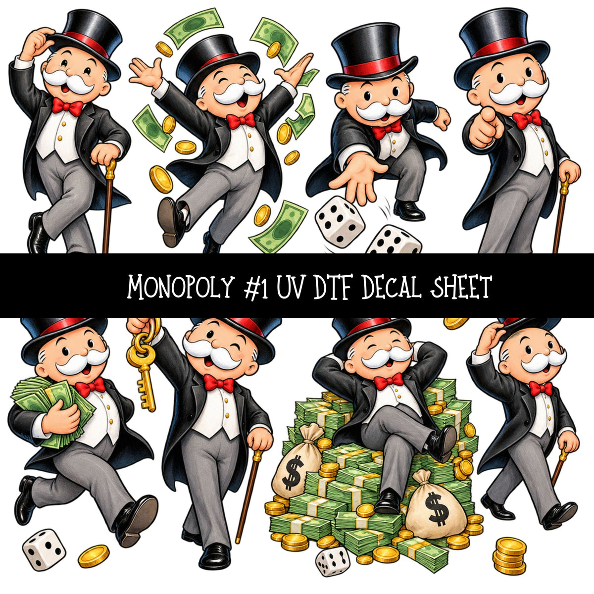 Monopoly UV DTF Decal sheets 11 Designs available
