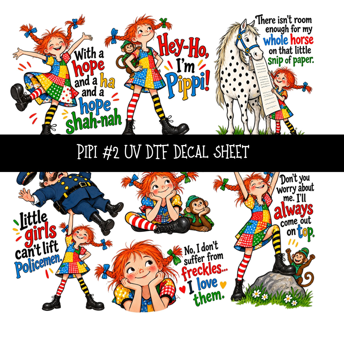 Pippi UV DTF Decal sheets 12 Designs available