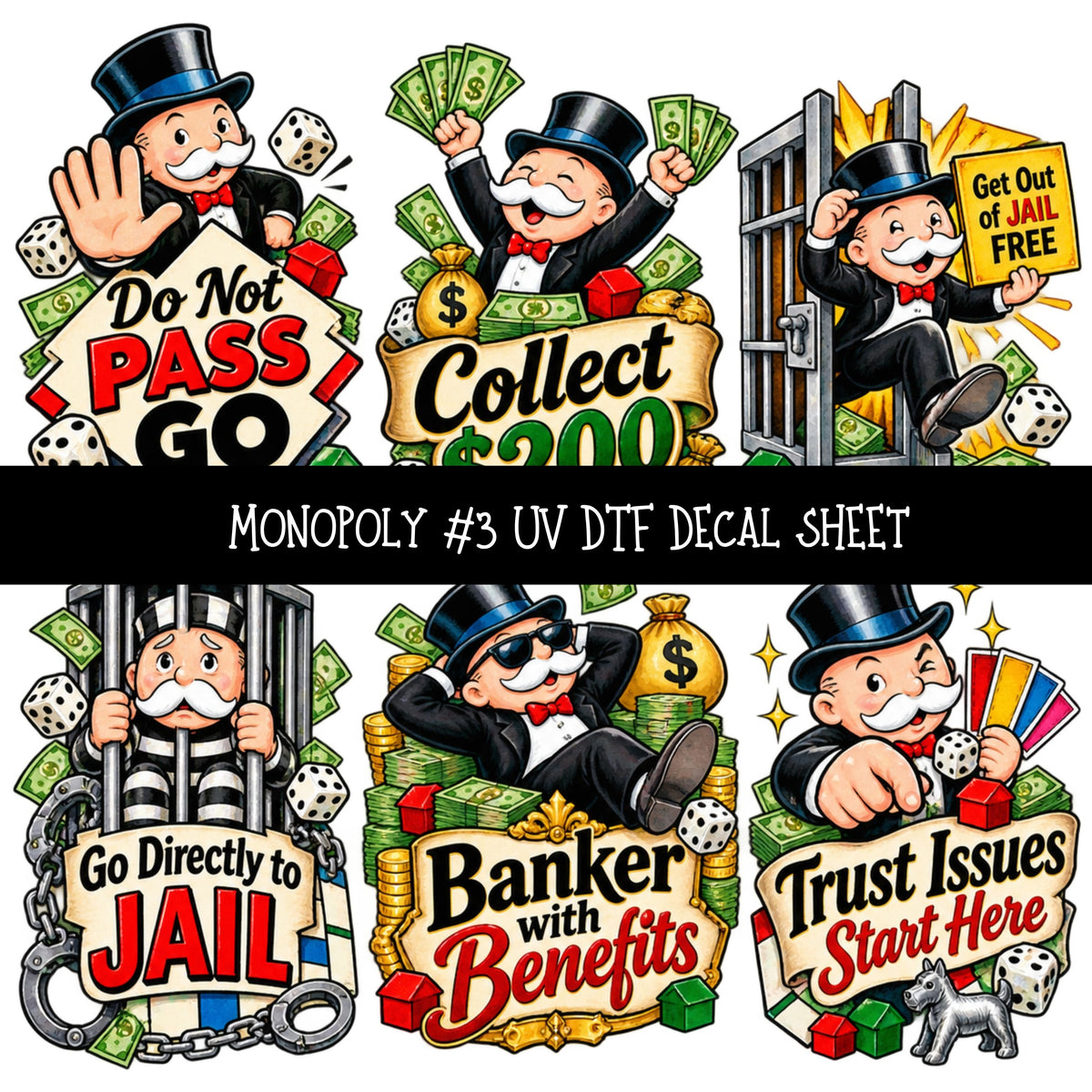 Monopoly UV DTF Decal sheets 11 Designs available