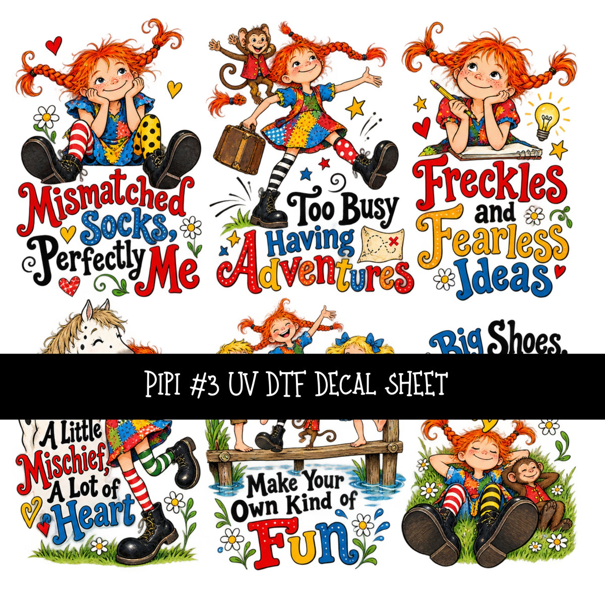 Pippi UV DTF Decal sheets 12 Designs available