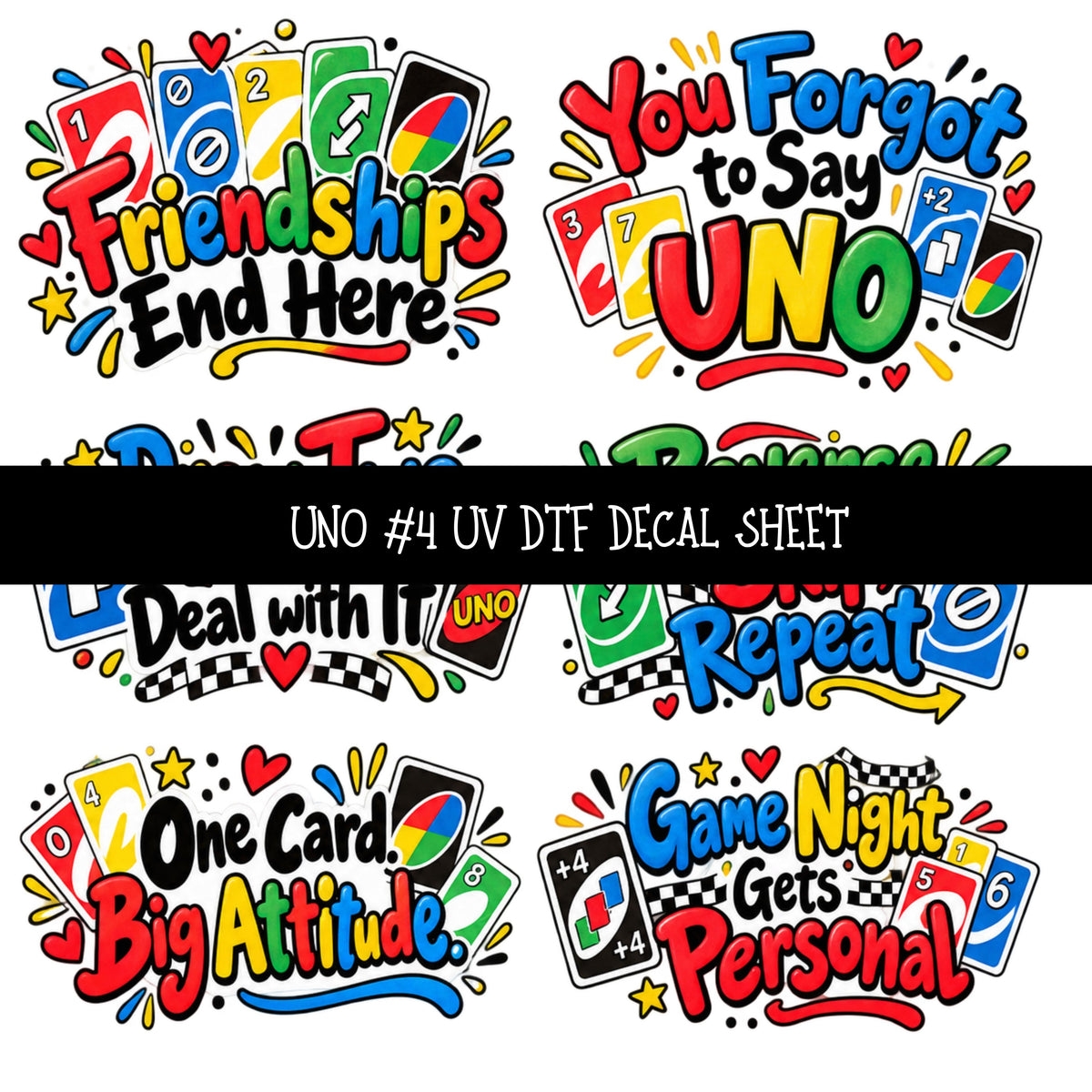 Uno UV DTF Decal sheets 12 Designs available