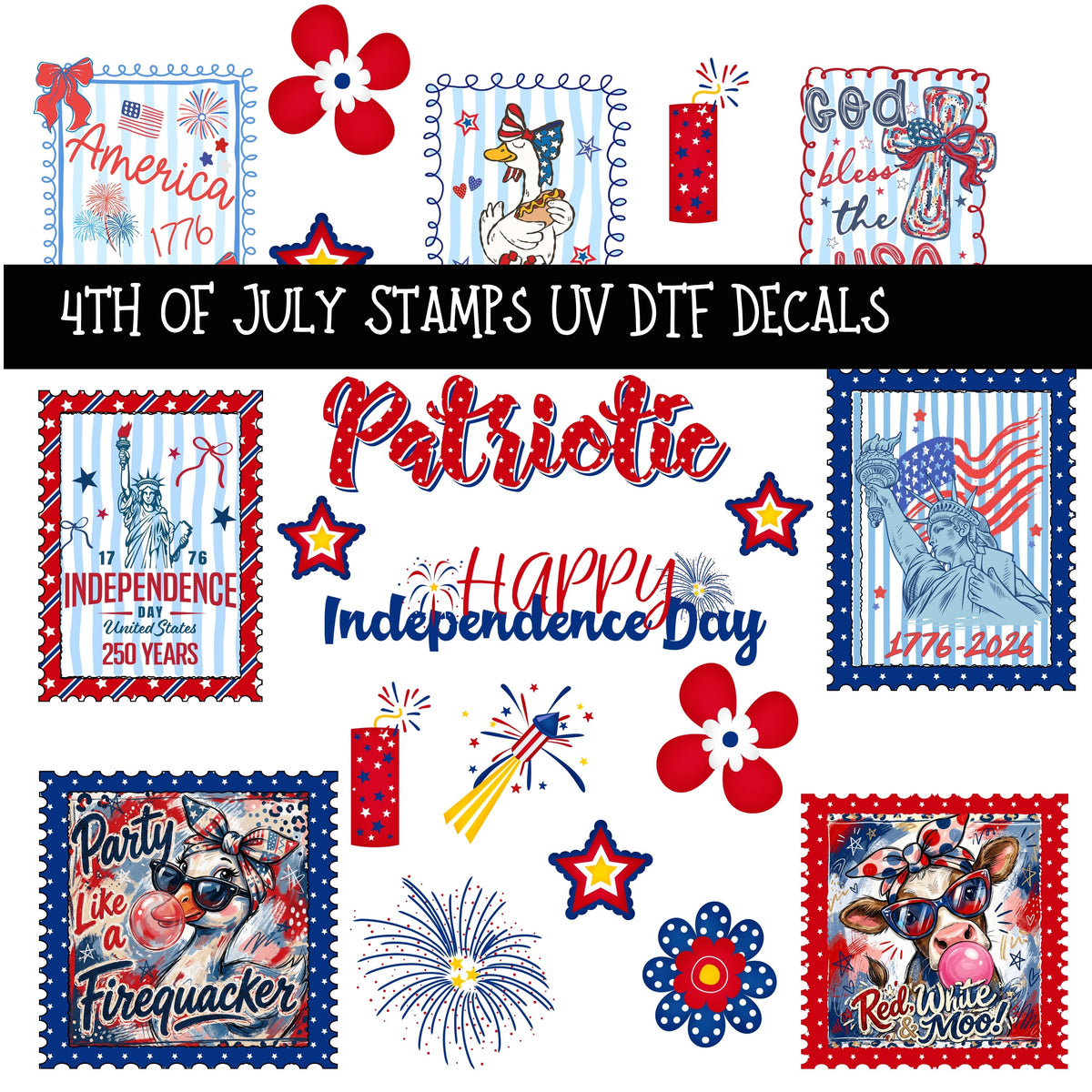 4th of July Stamps UV DTF Decal sheets