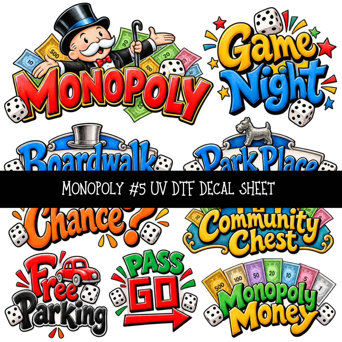 Monopoly UV DTF Decal sheets 11 Designs available