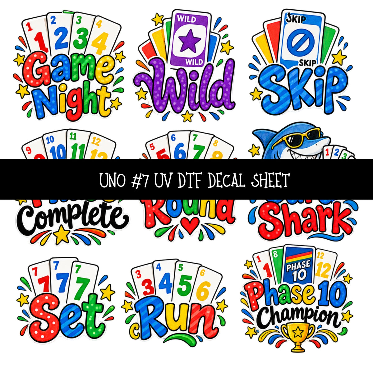 Phase 10 UV DTF Decal sheets 11 Designs available