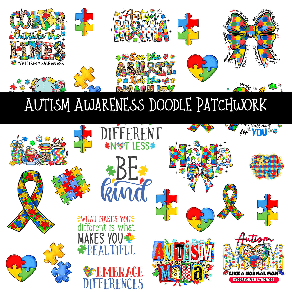 Autism Awareness Doodle Patchwork Set