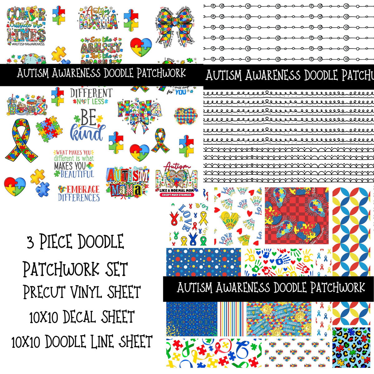 Autism Awareness Doodle Patchwork Set