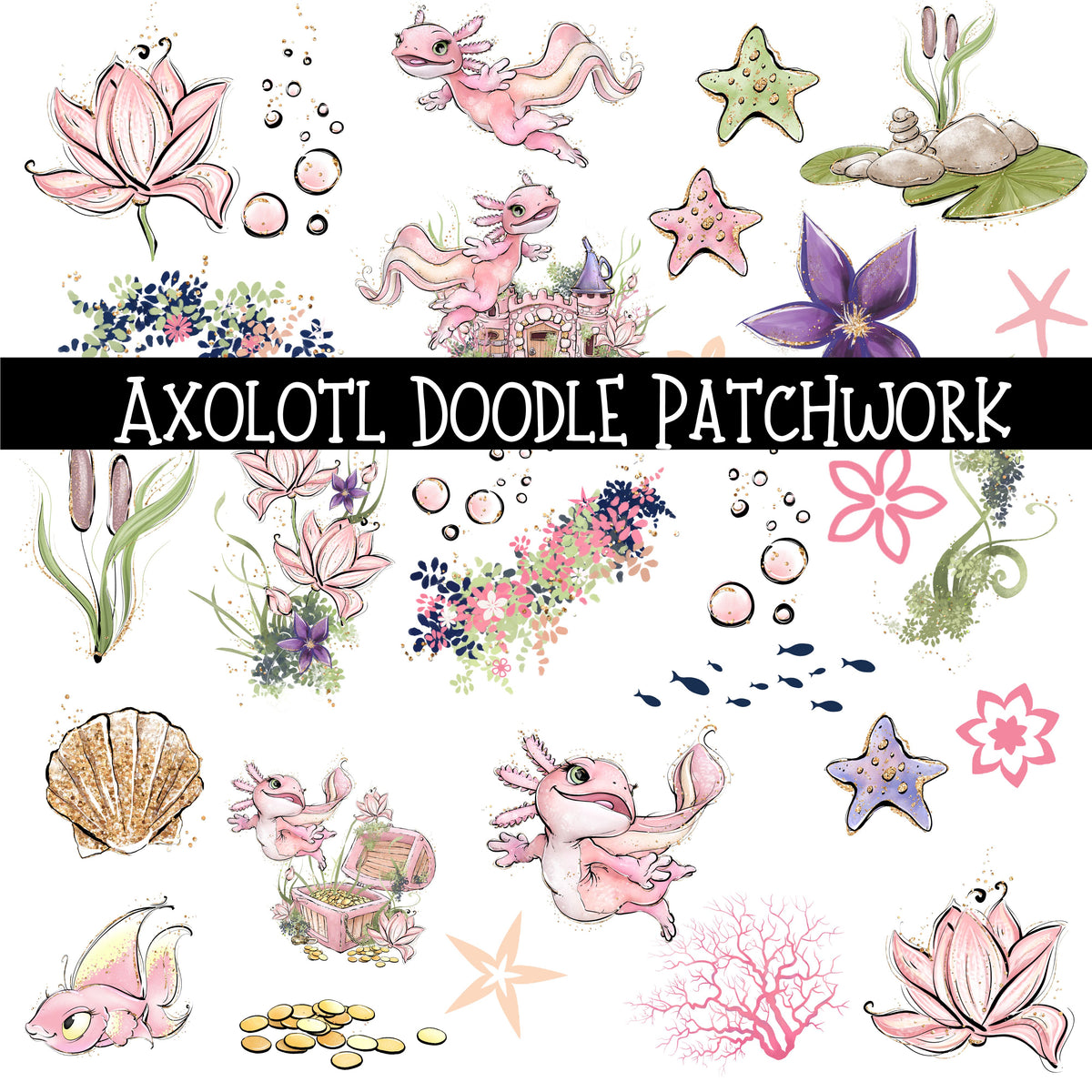 Axolotl Doodle Patchwork Set