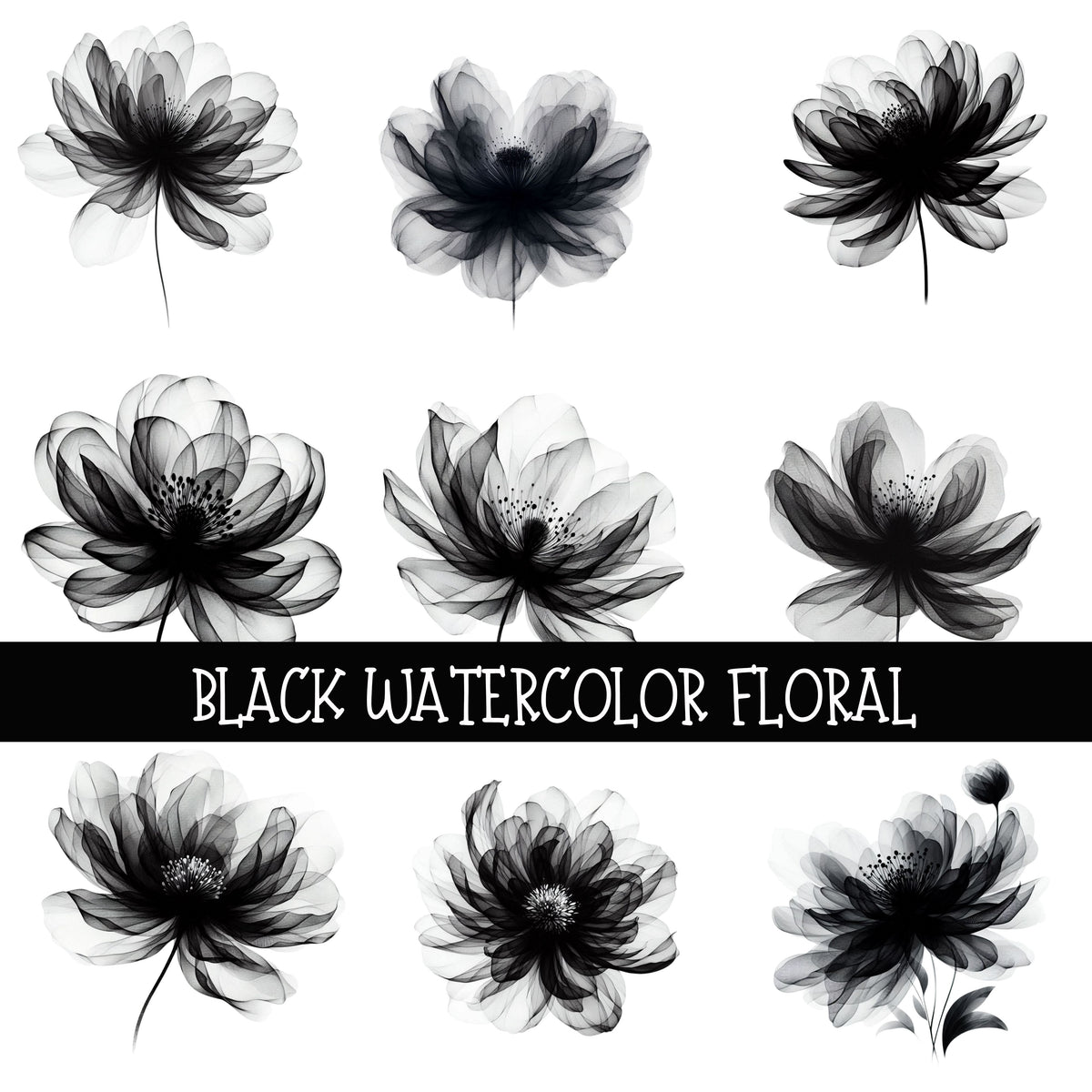 Black Watercolor Floral UV DTF Decal sheet