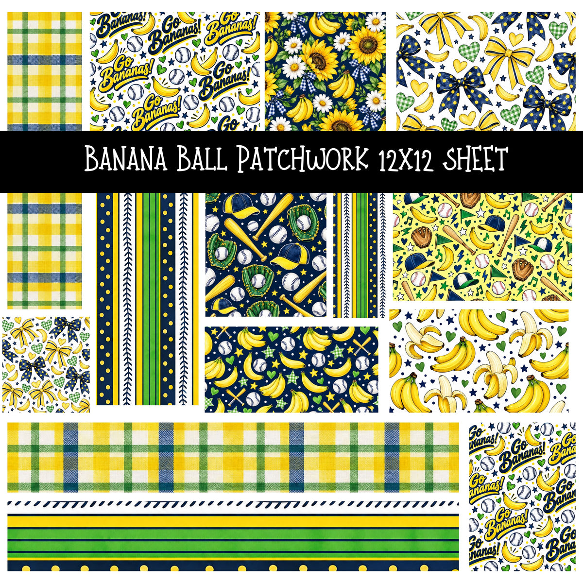 Banana Ball Patchwork precut vinyl sheet available in 12x12 or 6x6 sizes