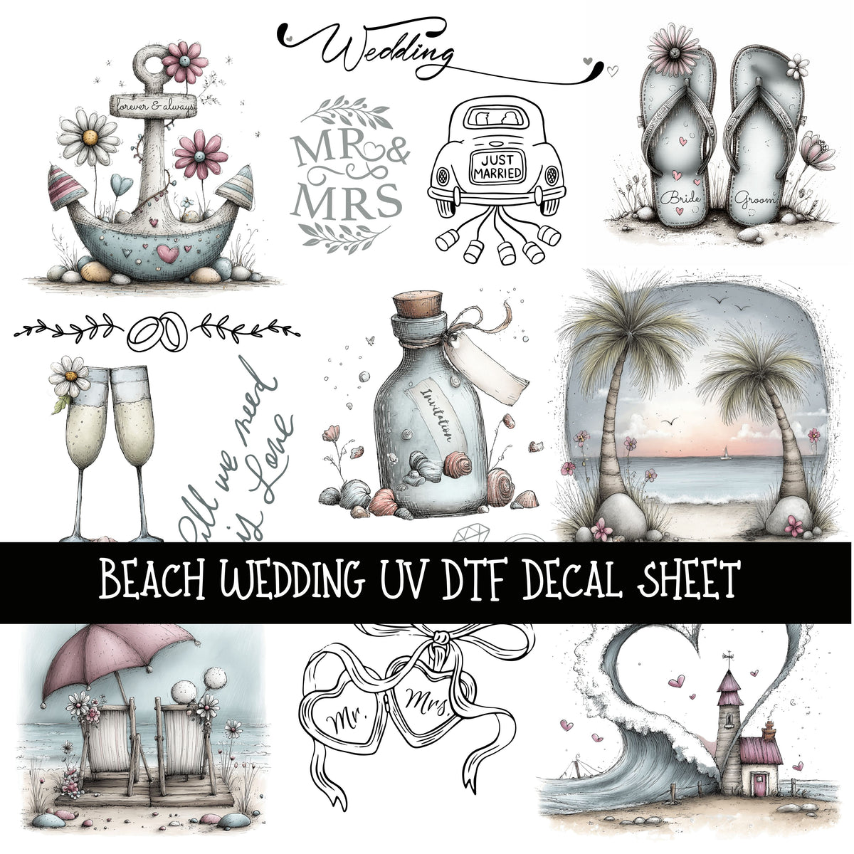 Beach Wedding UV DTF Decal sheets