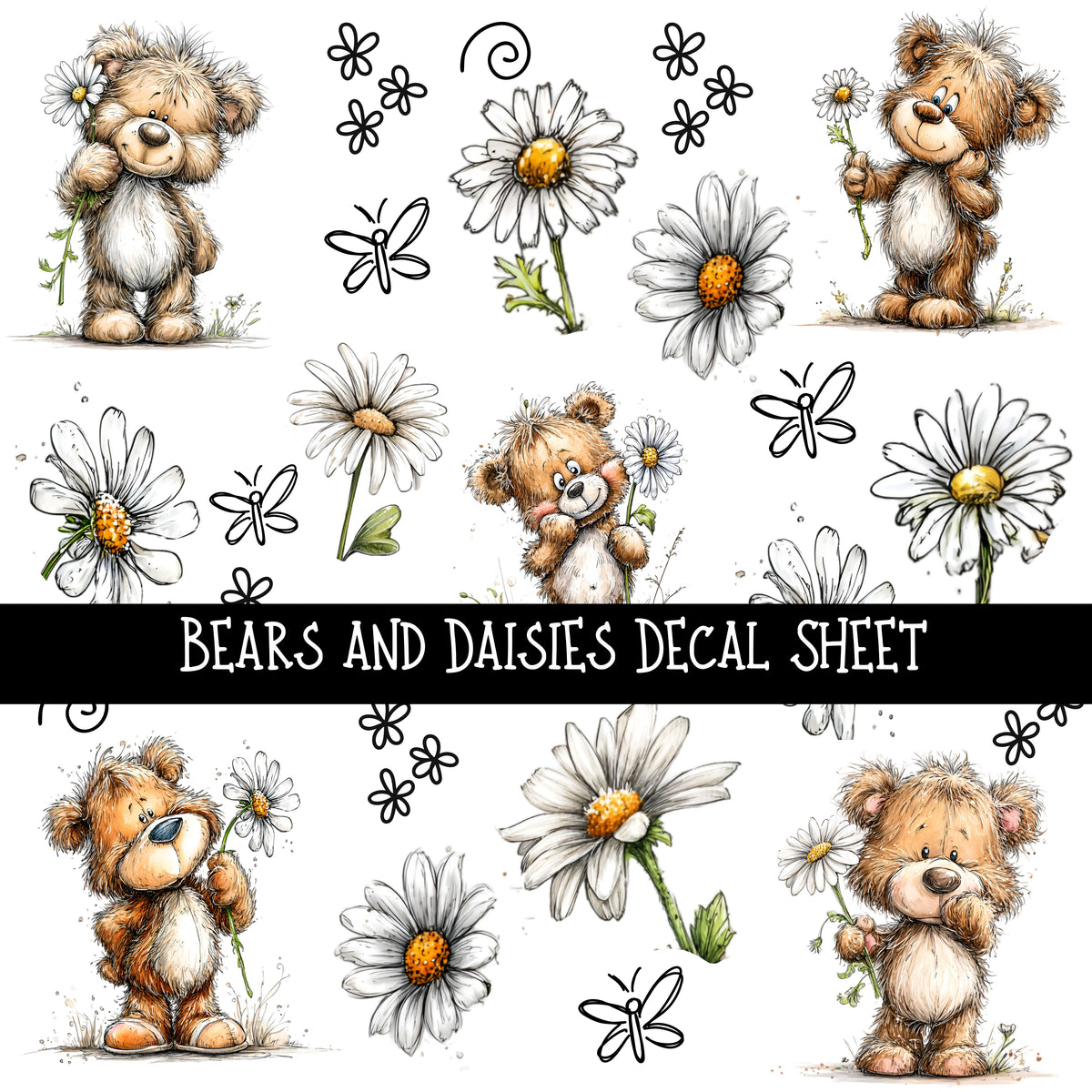 Bears and Daisies UV DTF Decal sheets