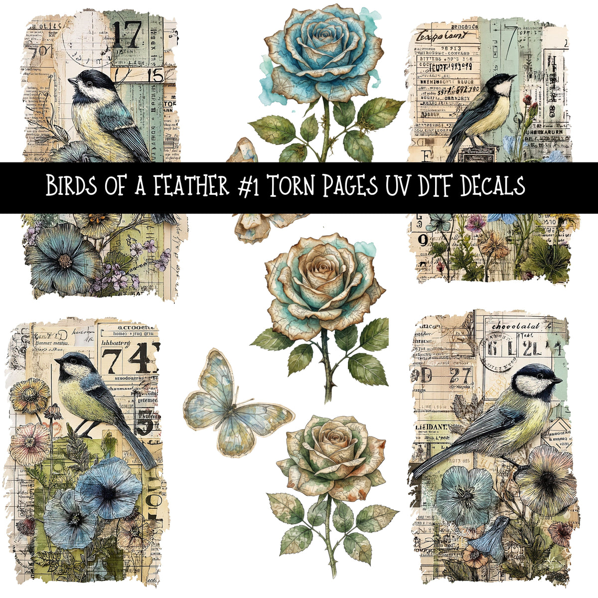 Birds of a Feather Torn Pages UV DTF Decal sheets 3 designs available