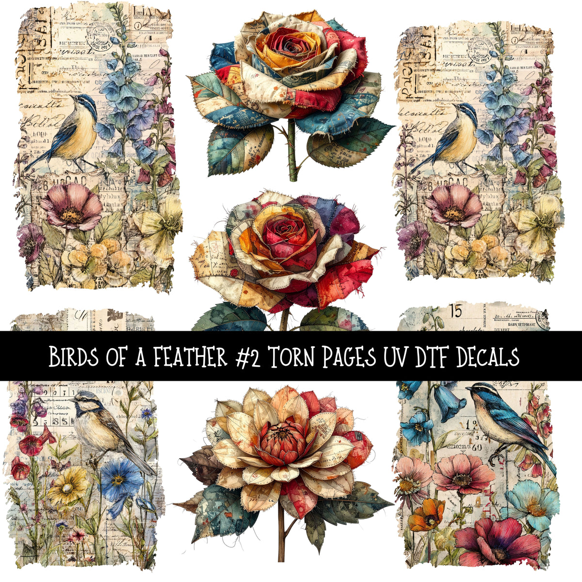 Birds of a Feather Torn Pages UV DTF Decal sheets 3 designs available
