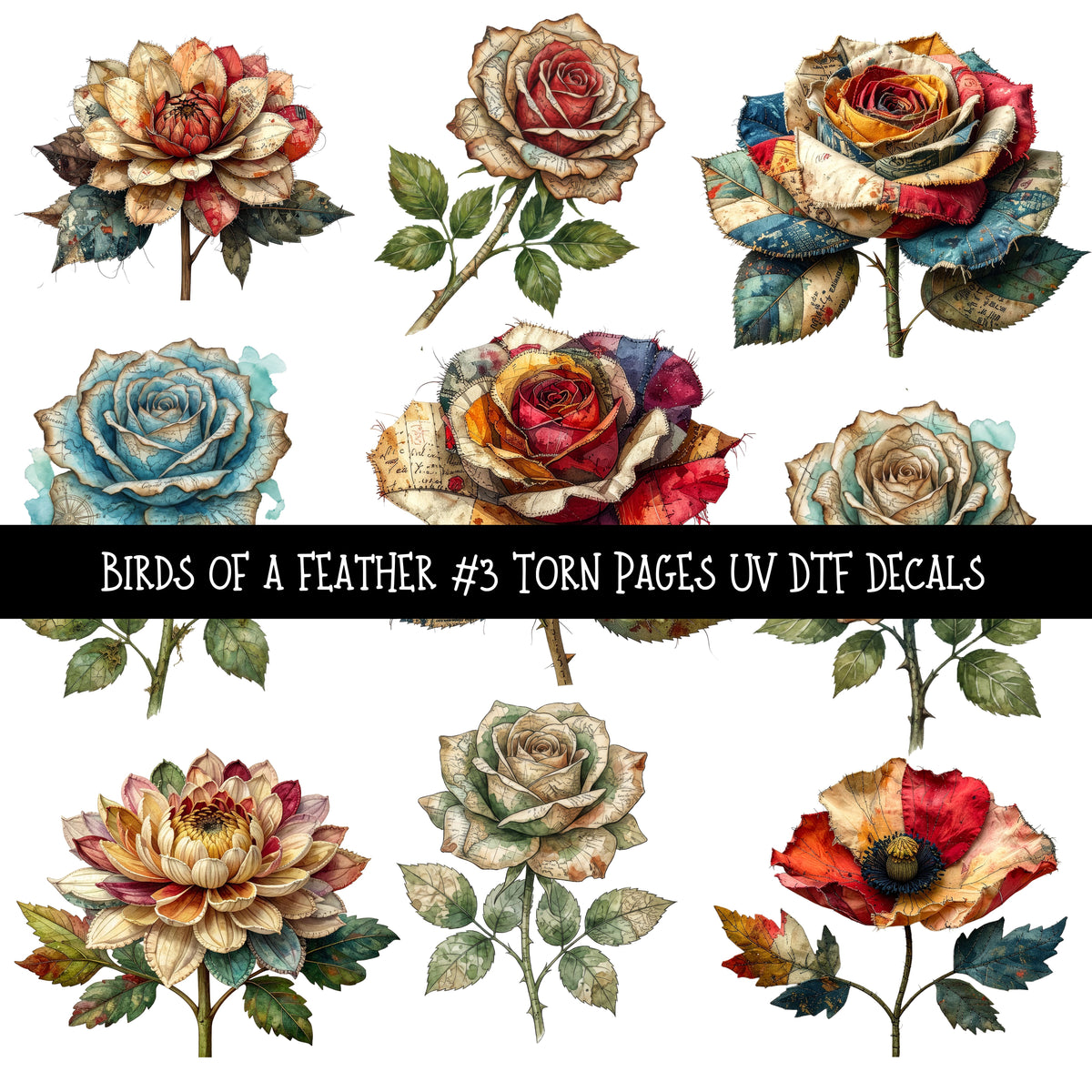 Birds of a Feather Torn Pages UV DTF Decal sheets 3 designs available