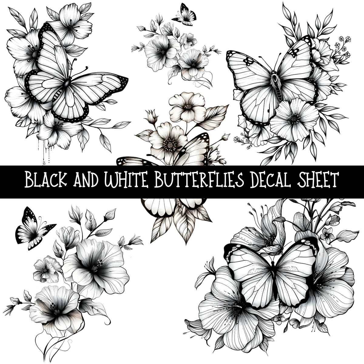 Black and White Butterflies UV DTF Decal sheets