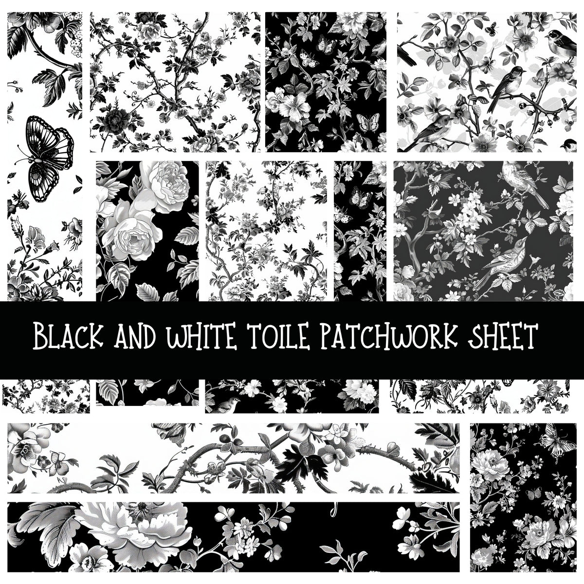 Black and White Toile Patchwork precut vinyl sheet available in 12x12 or 6x6 sizes