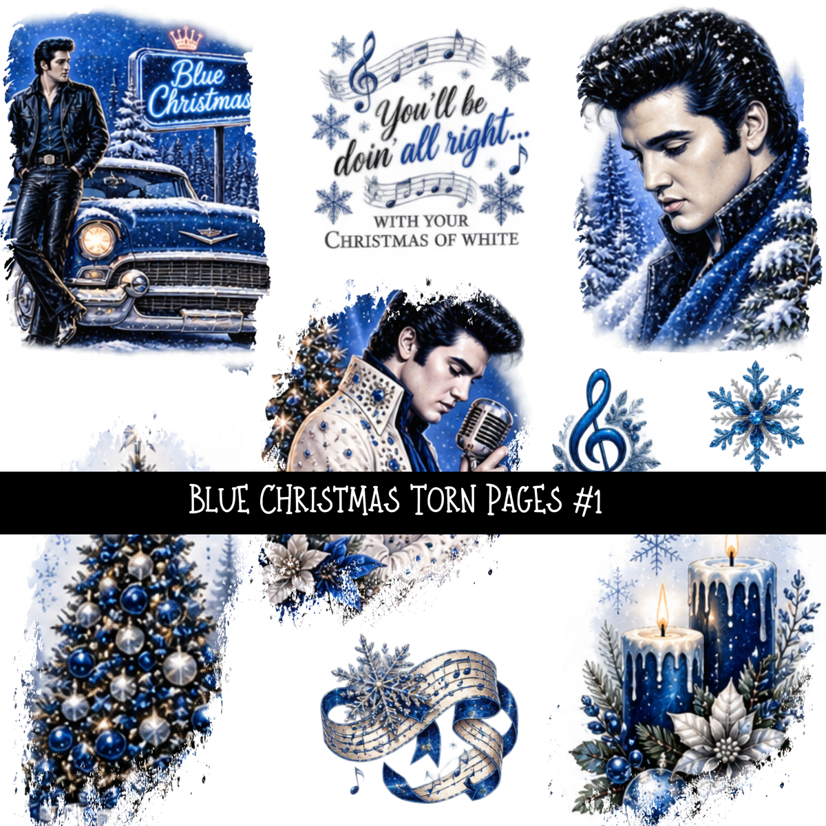 Blue Christmas Torn Pages UV DTF Decal sheets 8 Designs available