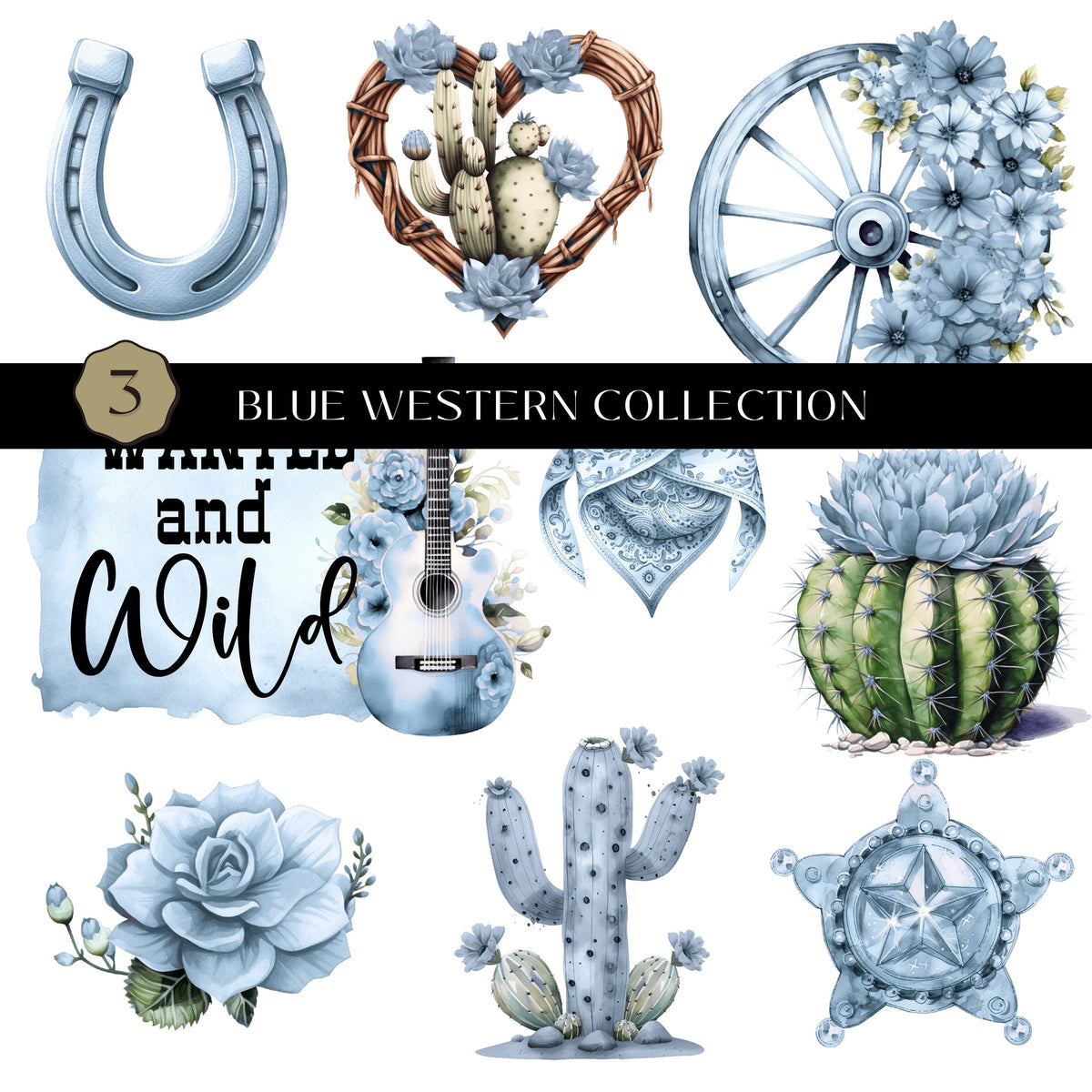 Blue Western Collection UV DTF Decal Sheets- 6 Designs