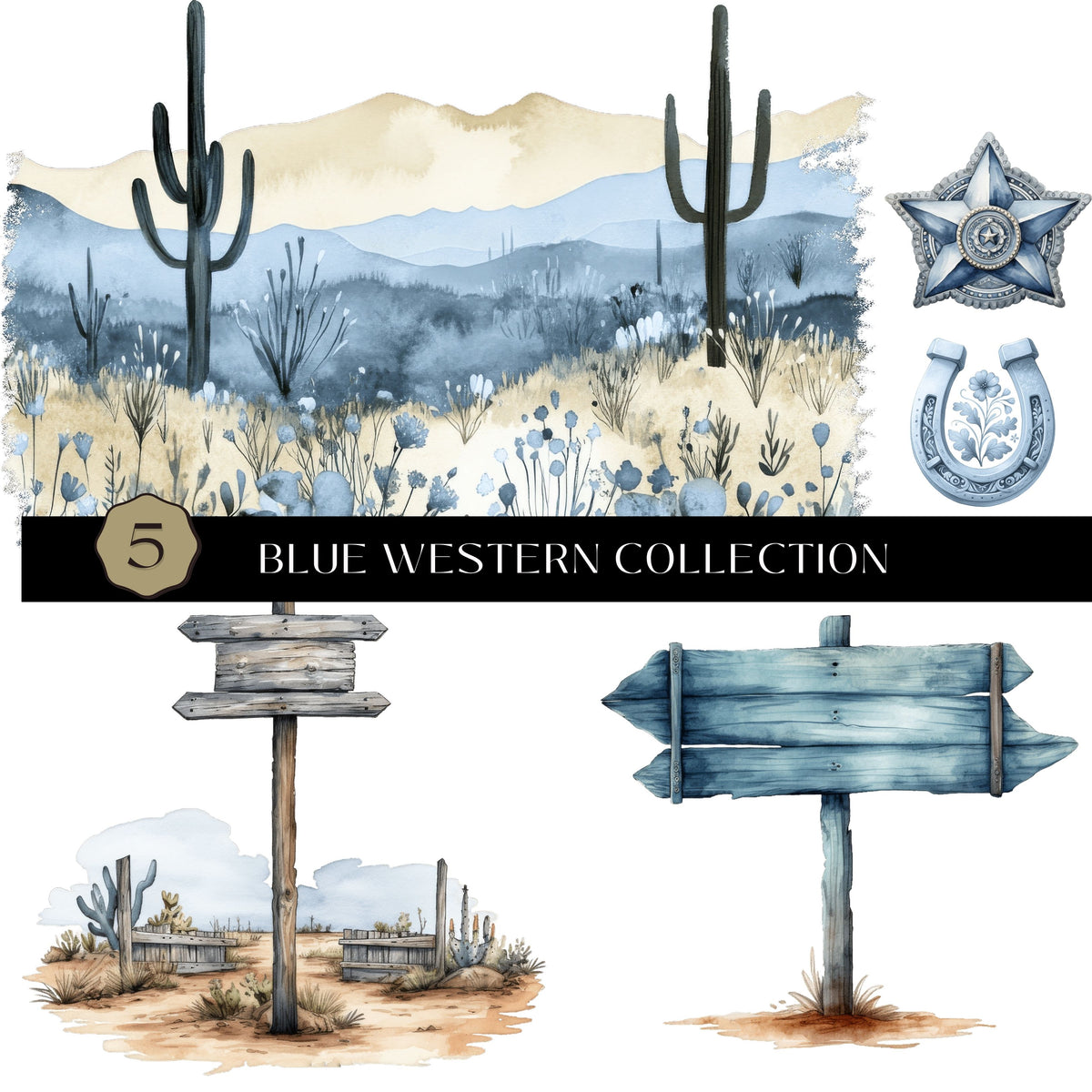 Blue Western Collection UV DTF Decal Sheets- 6 Designs